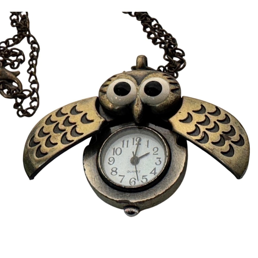 Vtg Owl Pendant Watch Necklace‎ Bronze Steampunk Hidden Analog working clock